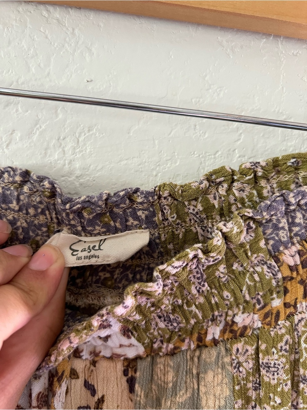 Easel Bohemian Tiered Maxi Skirt in Olive and Cream Patchwork - Picture 3 of 5